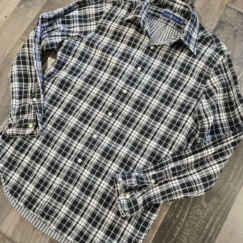 Polo Ralph Lauren Plaid Button Down Shirt Mens Medium Black Cream Tartan Check